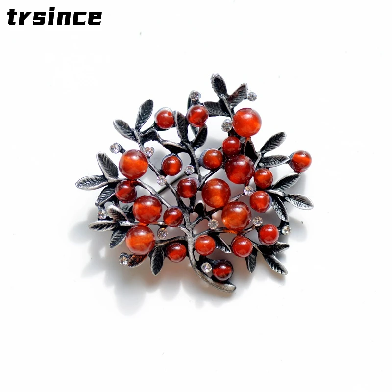 Women Accessories Bouquet - Rode Strass Bomen Broche Natuursteen Pin